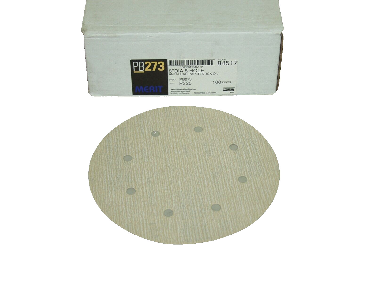 MERIT 84517 8″ 8-HOLE P320 GRIT ANTI-LOAD STICK ON DISCS 100 DISC / BX.