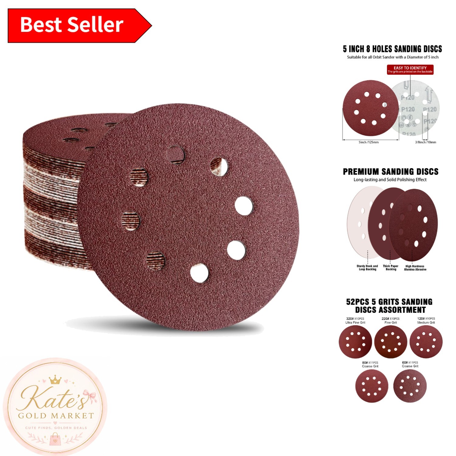 5-Inch 52-Pack Hook and Loop Sanding Discs – Perfect for Buffing and Polishing