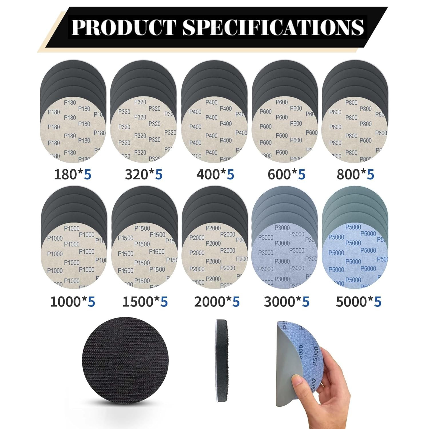 5 Inch 51pcs Wet Dry Sanding Discs Hook and Loop Foam Backing Pad, Waterproof…