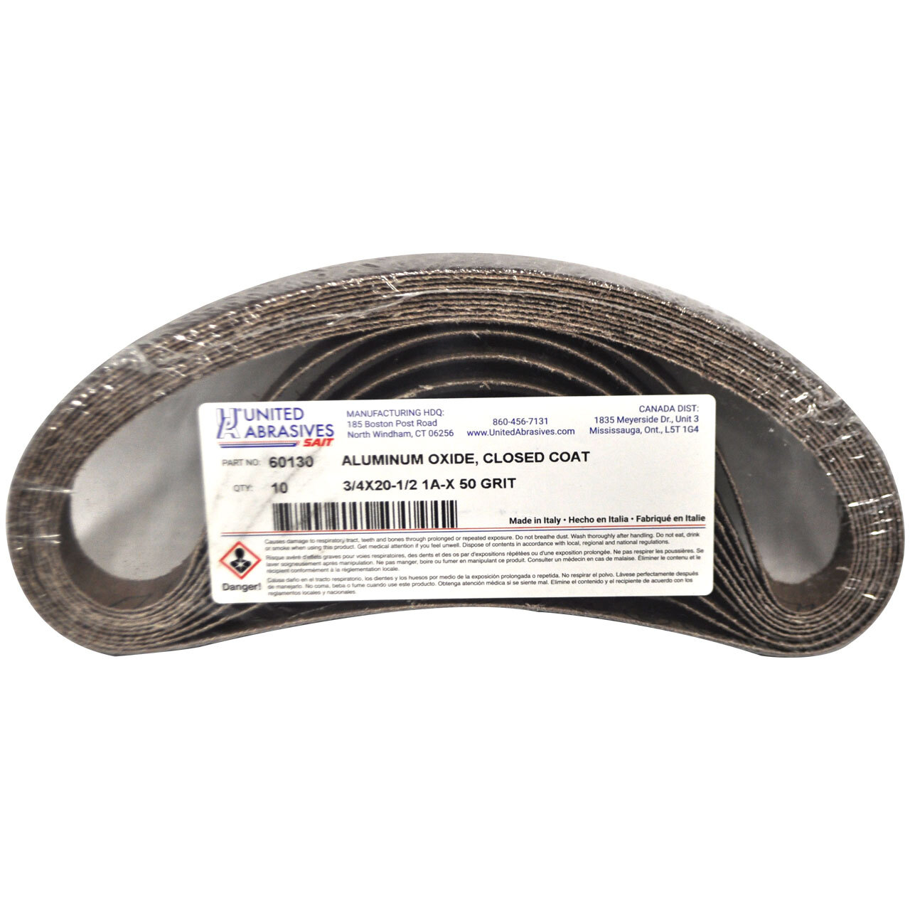United Abrasives 60130 3/4×20-1/2 Aluminum Oxide File Sander Belt 50 Grit 10 pk