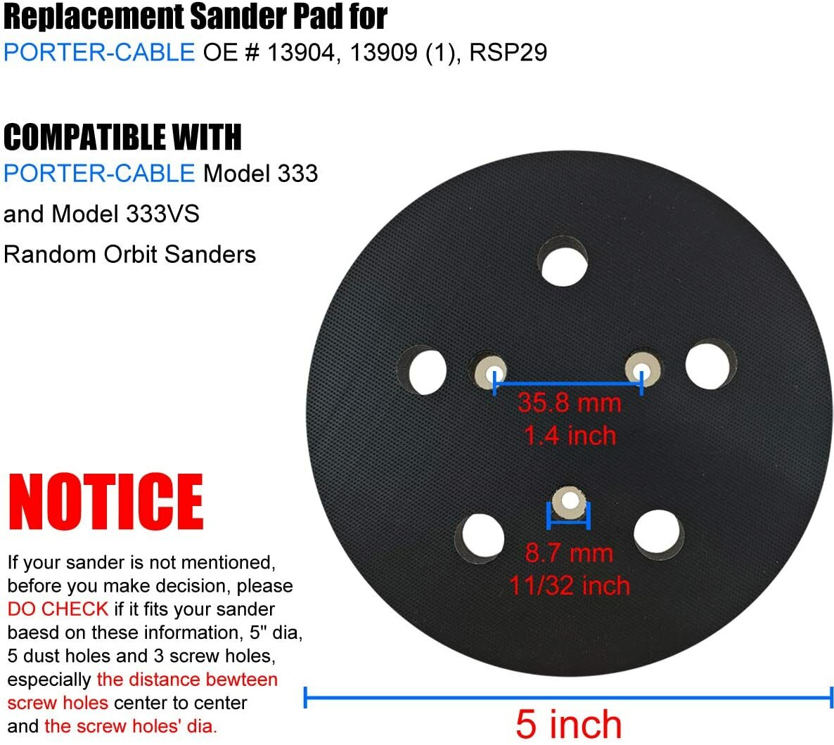 5″ Orbital Sander Replacement Pad Hook Loop 5-Hole 3-Screw for Porter Cable 333