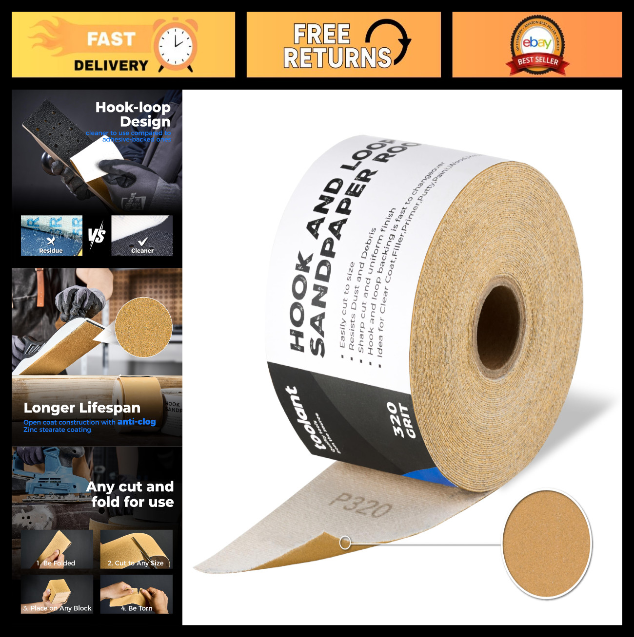 320 Grit Sandpaper Roll 2-3/4″ x 12 Yards Hook & Loop for Automotive, Wood, Meta