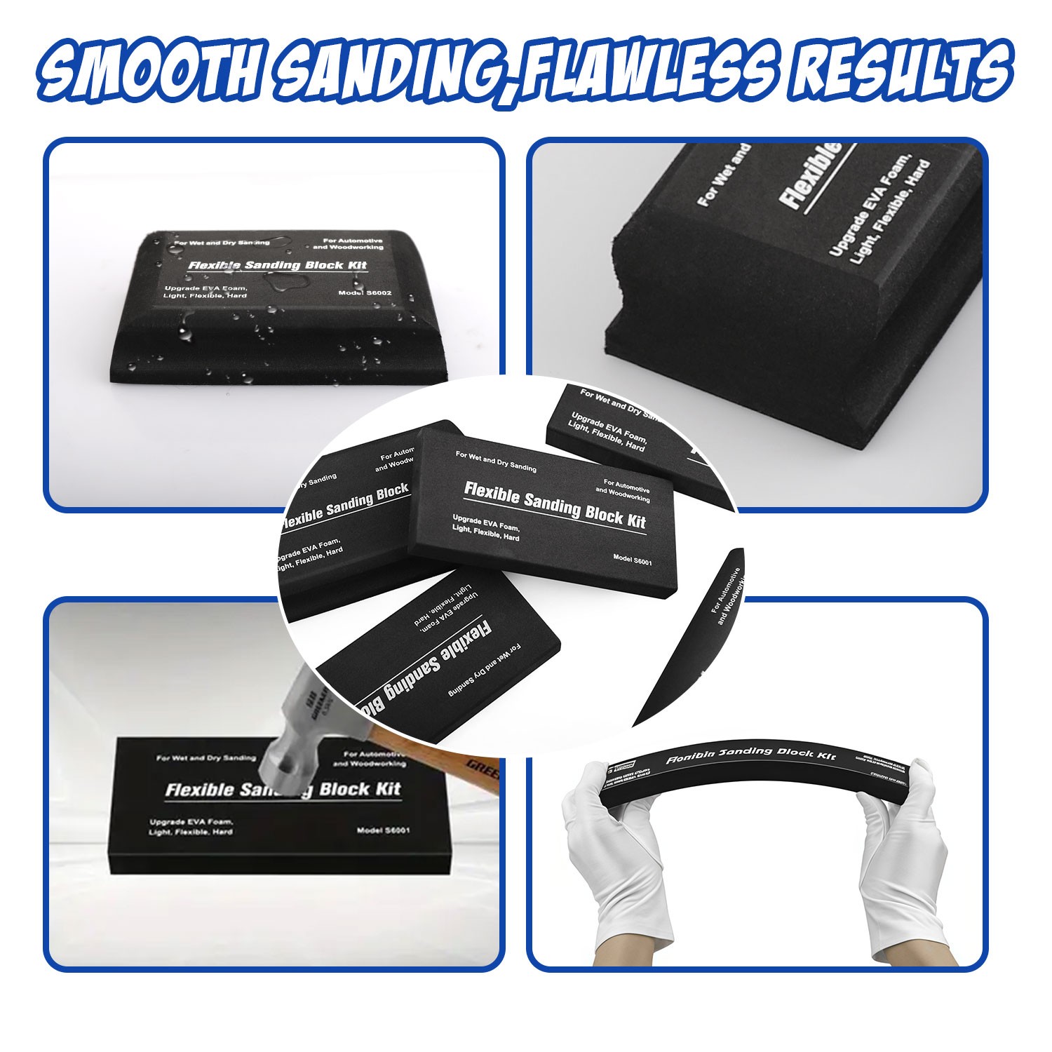7Pc Sanding Block Kit Flexible EVA Foam Wet or Dry for Automotive or Woodwork