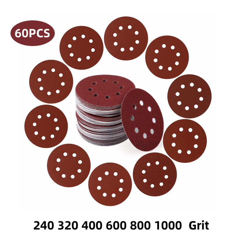 60PCS 5 Inch 8 Hole Hook and Loop Sanding Discs 240-1000 Grit Orbital Sandpaperr