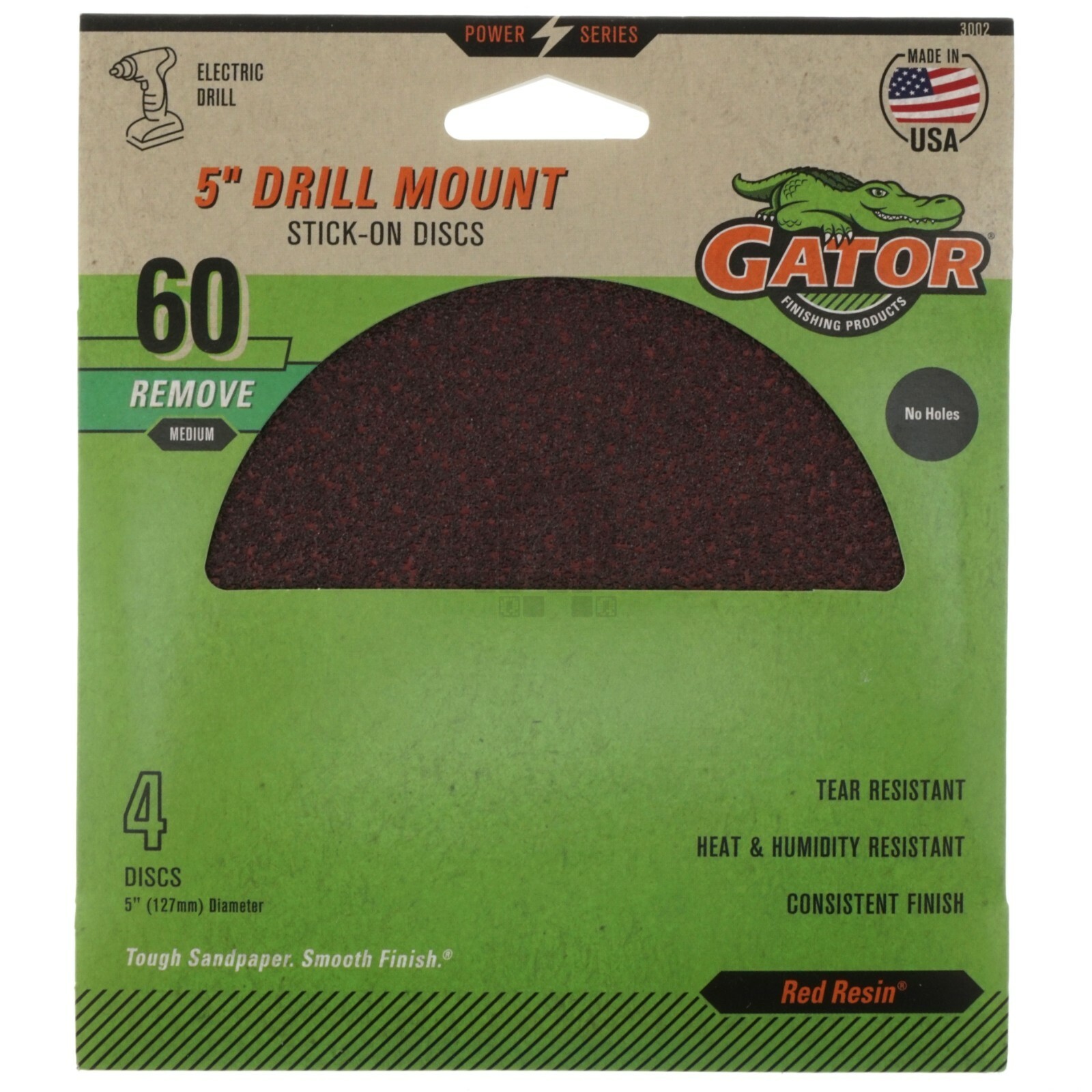 Gator 3002 5″ Drill Mount Stick-On Discs, Medium 60 Grit, No Holes, 4 Pack