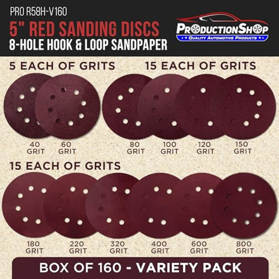 160 Pack 5 inch Sanding Discs 8-Hole Red Variety Pack Grit, Hook ,Loop Sandpaper