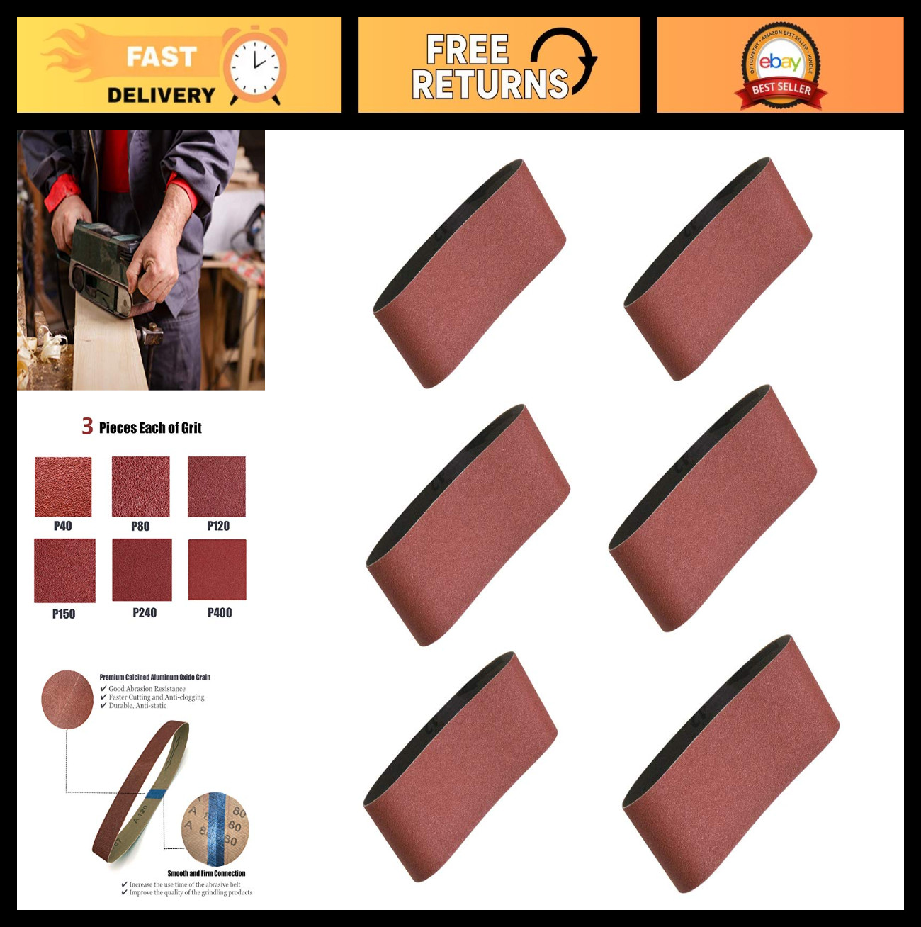 2.5″x16″ Sanding Belts – Aluminum Oxide Assortment, 18 Pack, 40-400 Grits, Durab