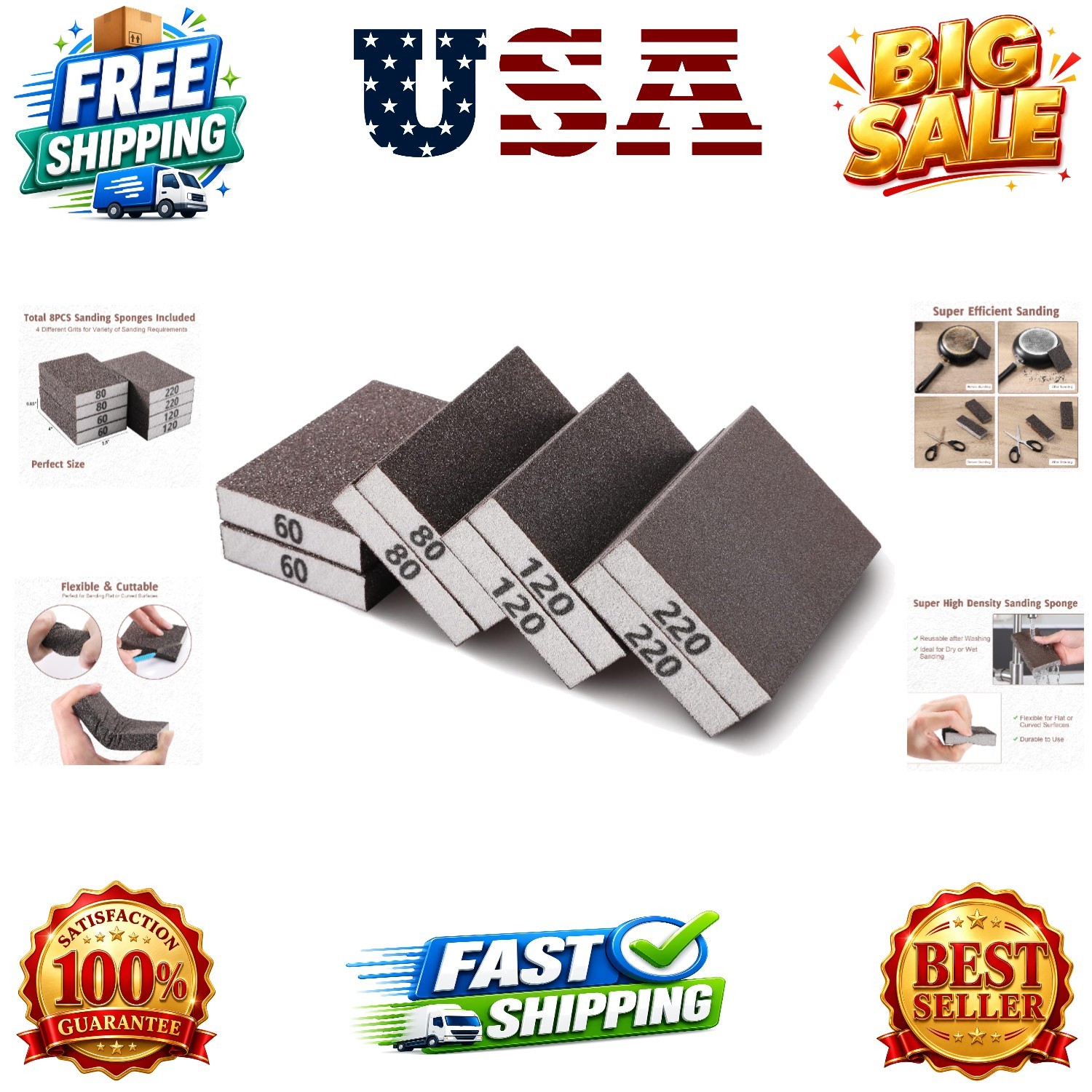 8PCS Sanding Sponge, Sanding Blocks of 60/80/120/220 Assorted Grits | Flexibl…