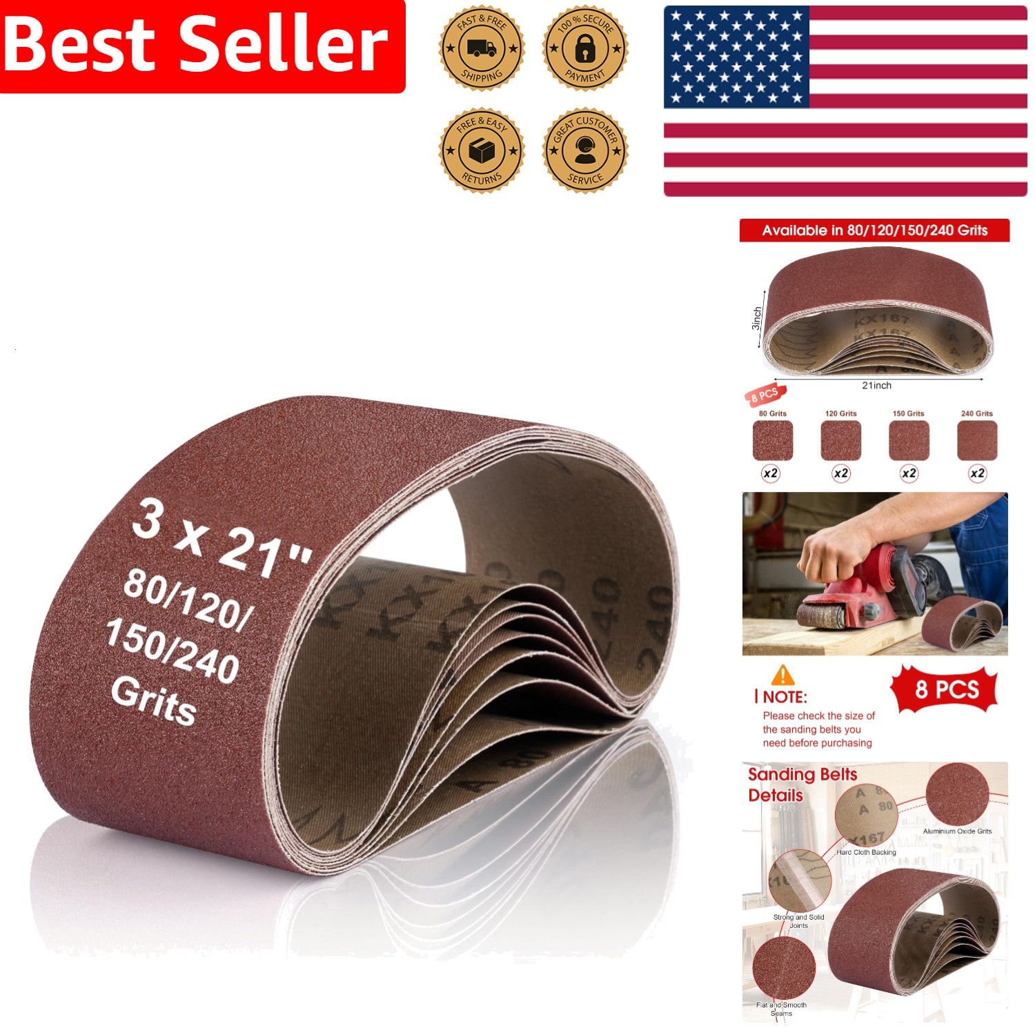 Heavy Duty Sanding Belts 3×21 8 Count Alumina Oxide Grits Durable Woodwork Metal