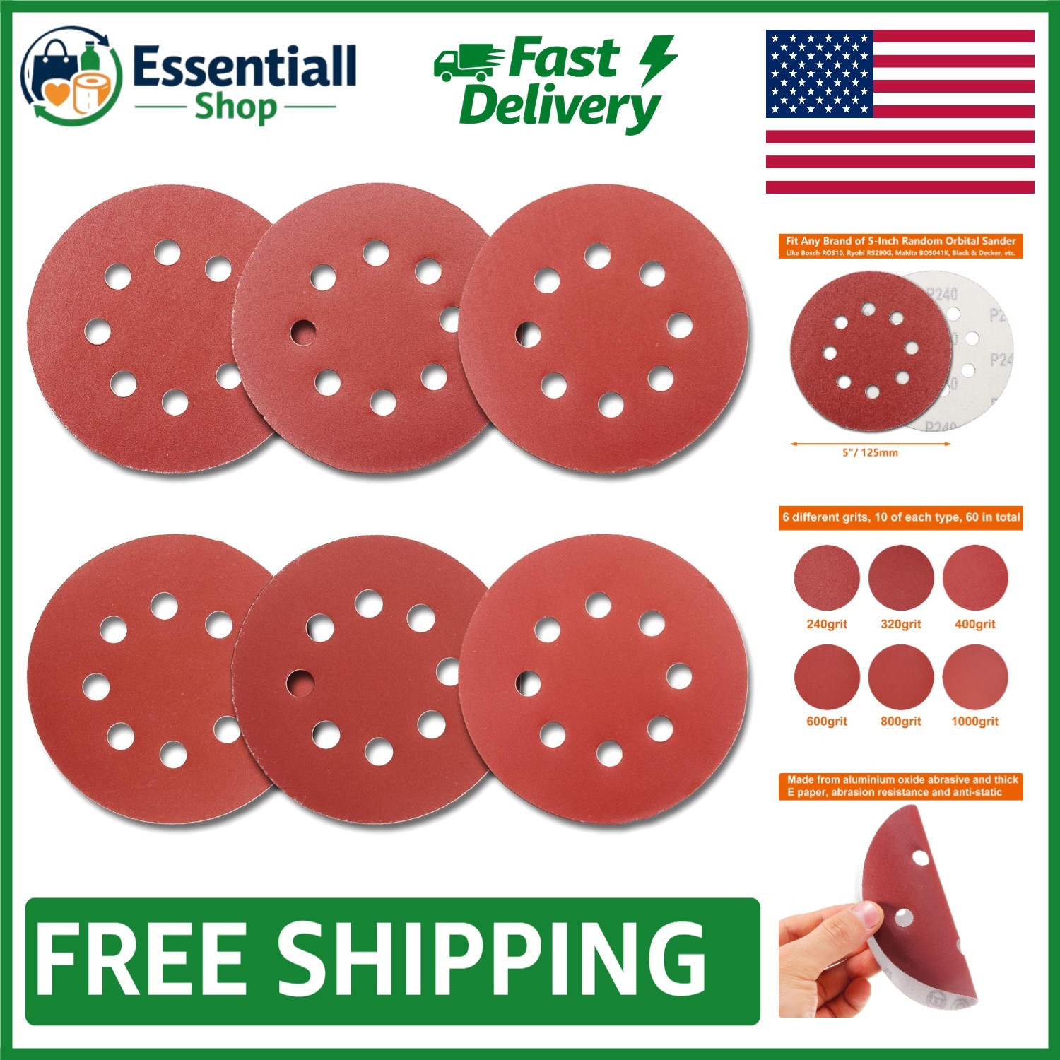 60Pcs Sanding Discs Set for Orbital Sanders – 5 Inch, 6 Grits Selection