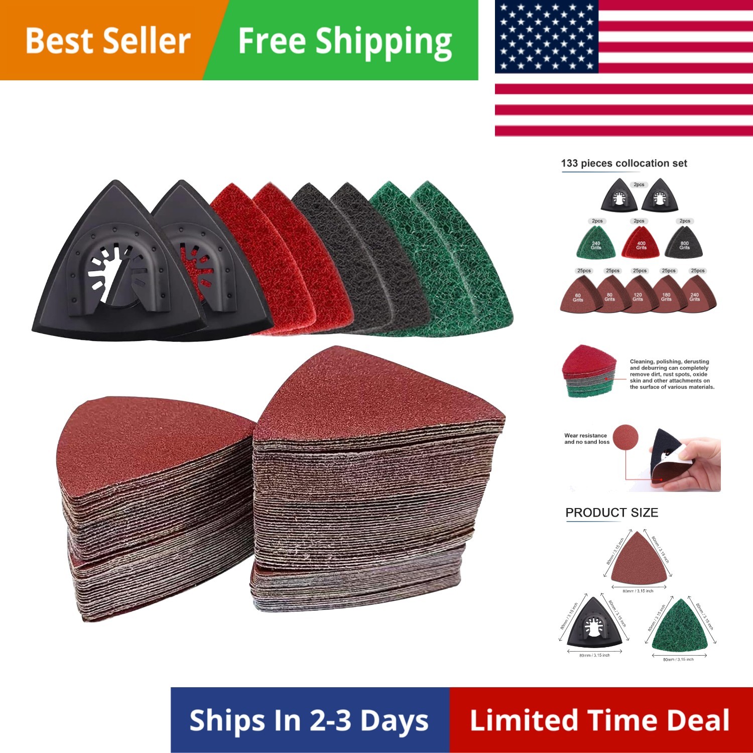 133PCS Oscillating Tool Sanding Pads Kit,125 Sandpaper, 2 Triangular Sanding …