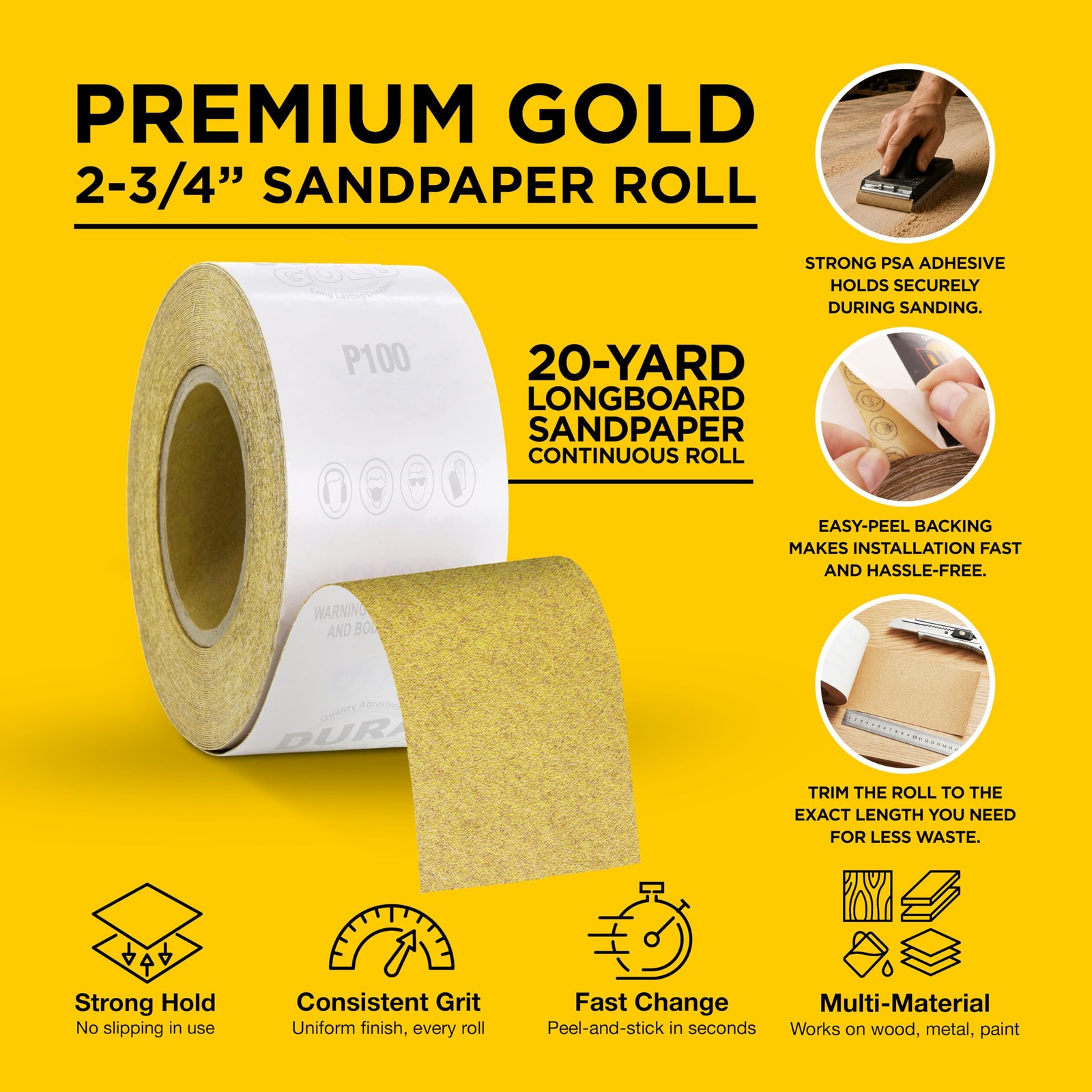 Dura-Gold Premium Gold 100 Grit PSA Longboard Sandpaper, 20 100-Grit,