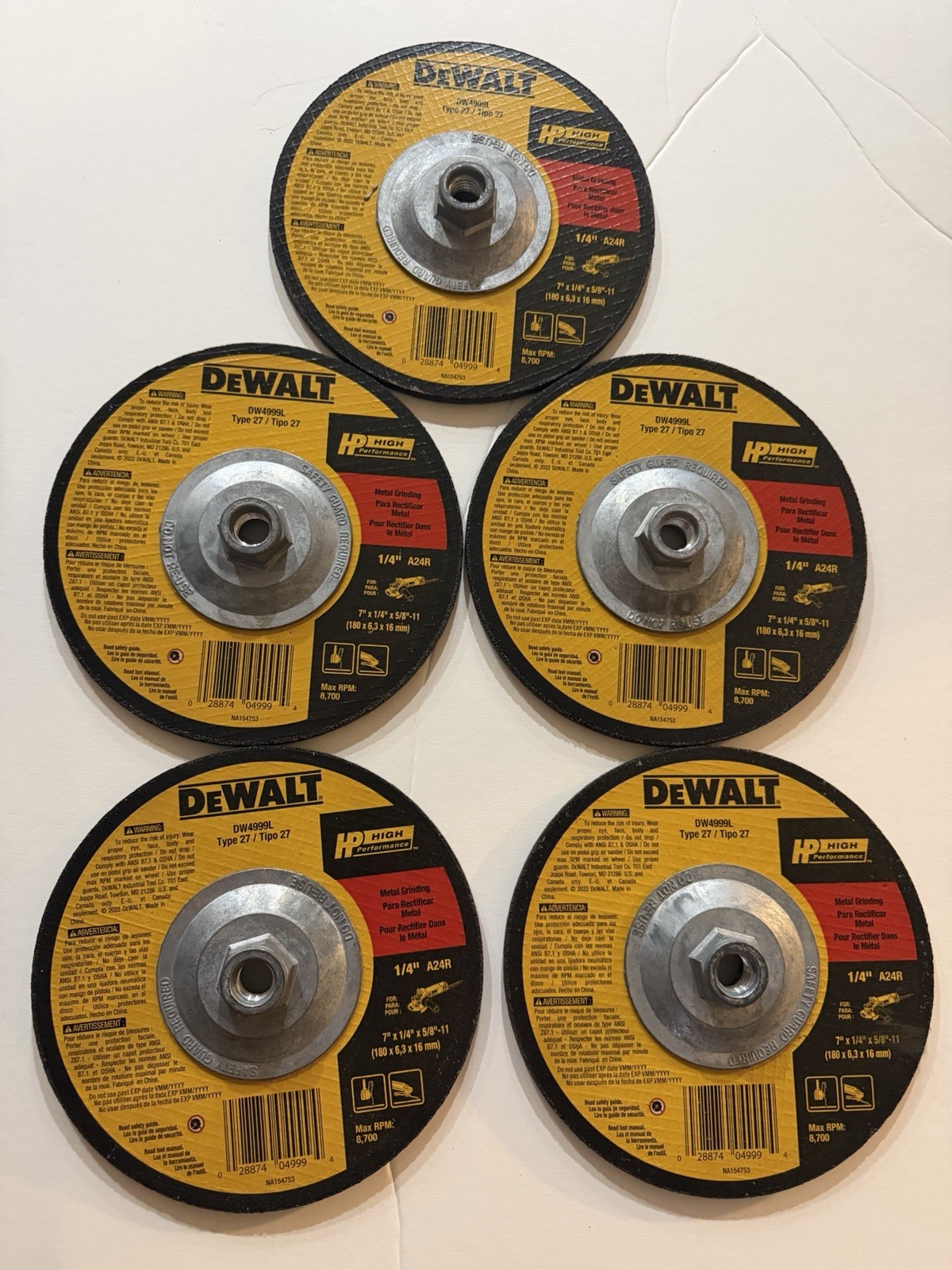 5 Pack Dewalt DW4999L 7” X 1/4” X 5/8” – 11 Grinding Discs Type 27