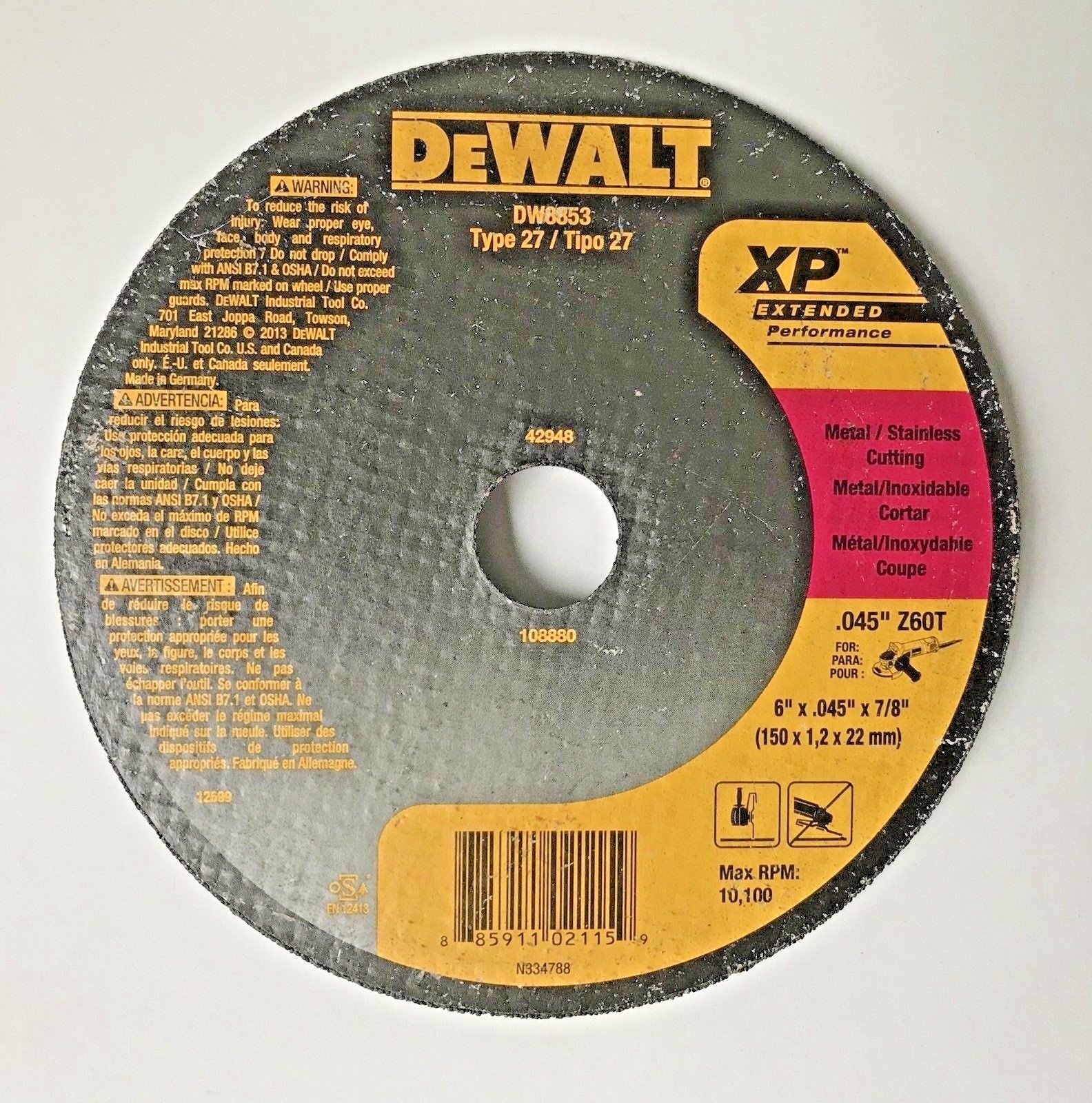 NEW DEWALT DW8853 6″ XP METAL / STAINLESS CUTOFF WHEEL