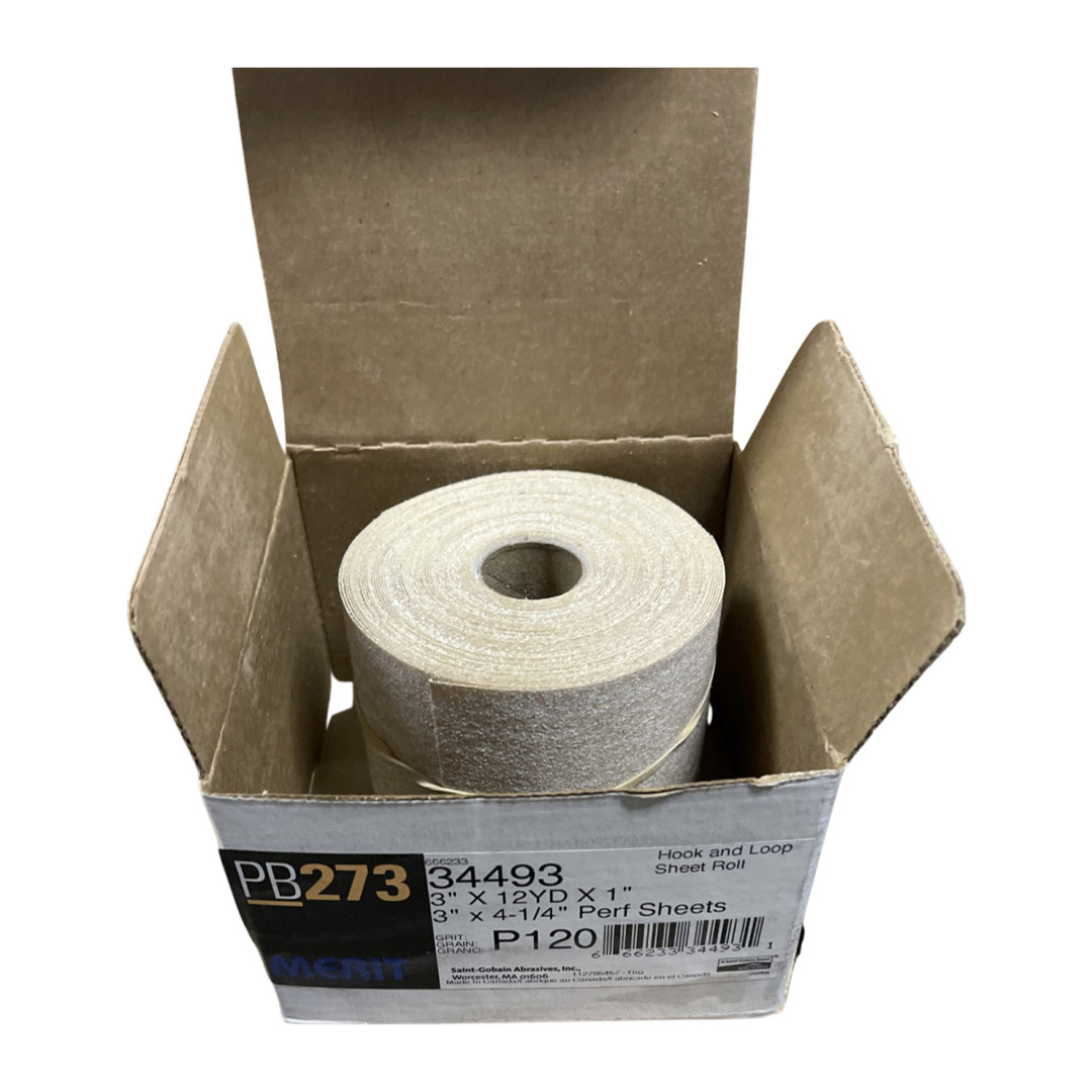 Merit PB273 3″ x 12yd x 1″ No Load Hook & Loop Rolls 4-1/4″ Perf Sheets 120 Grit