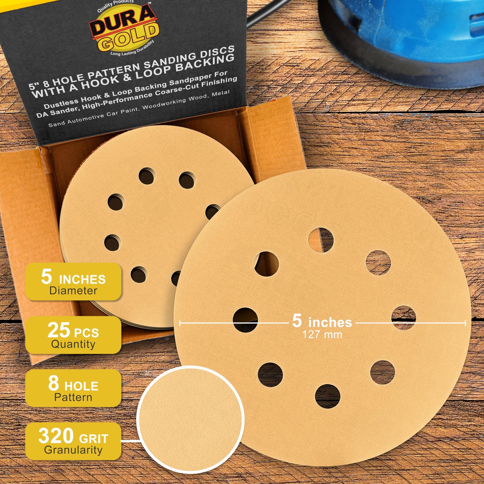 Dura-Gold Premium 320 Grit 5″ Sandpaper Discs, 8 Hole Pattern 320-Grit – Gold