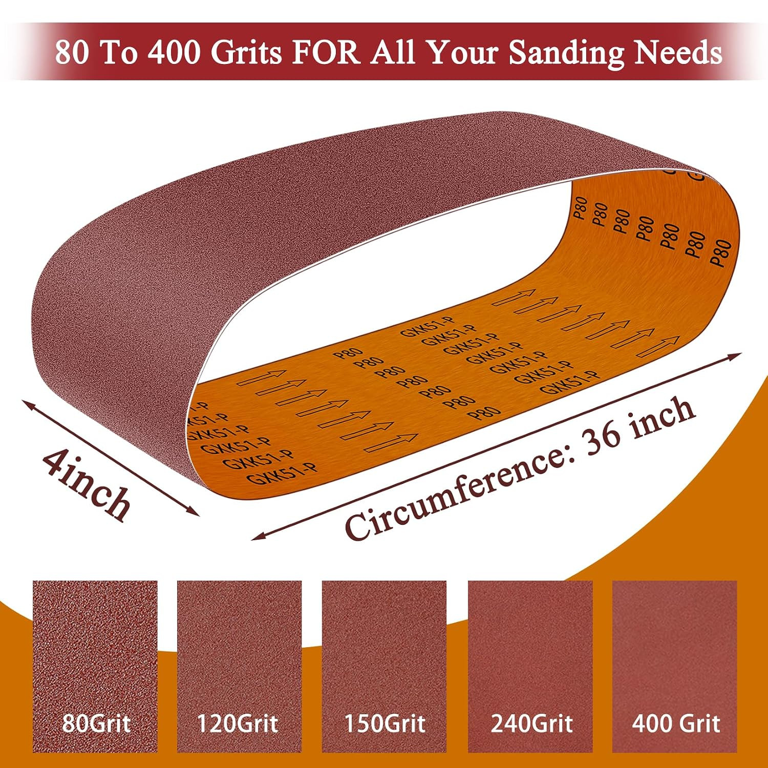 4 X 36 Inch Alumina Sanding Belts (80/120/150/240/400 Grits) and 6 Grits 6-Inch