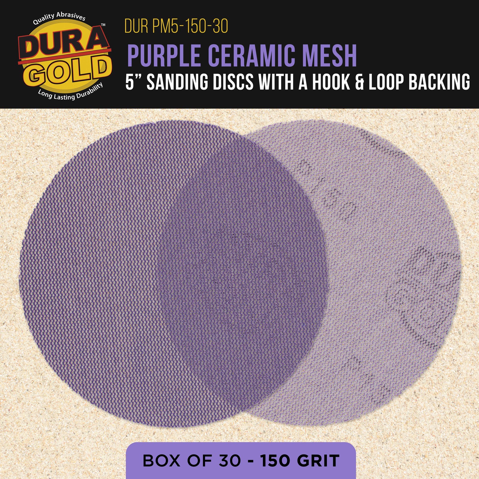 150 Grit 5″ Purple Ceramic Mesh Sanding Discs, Box of 30 – Hook & Loop Sandpaper