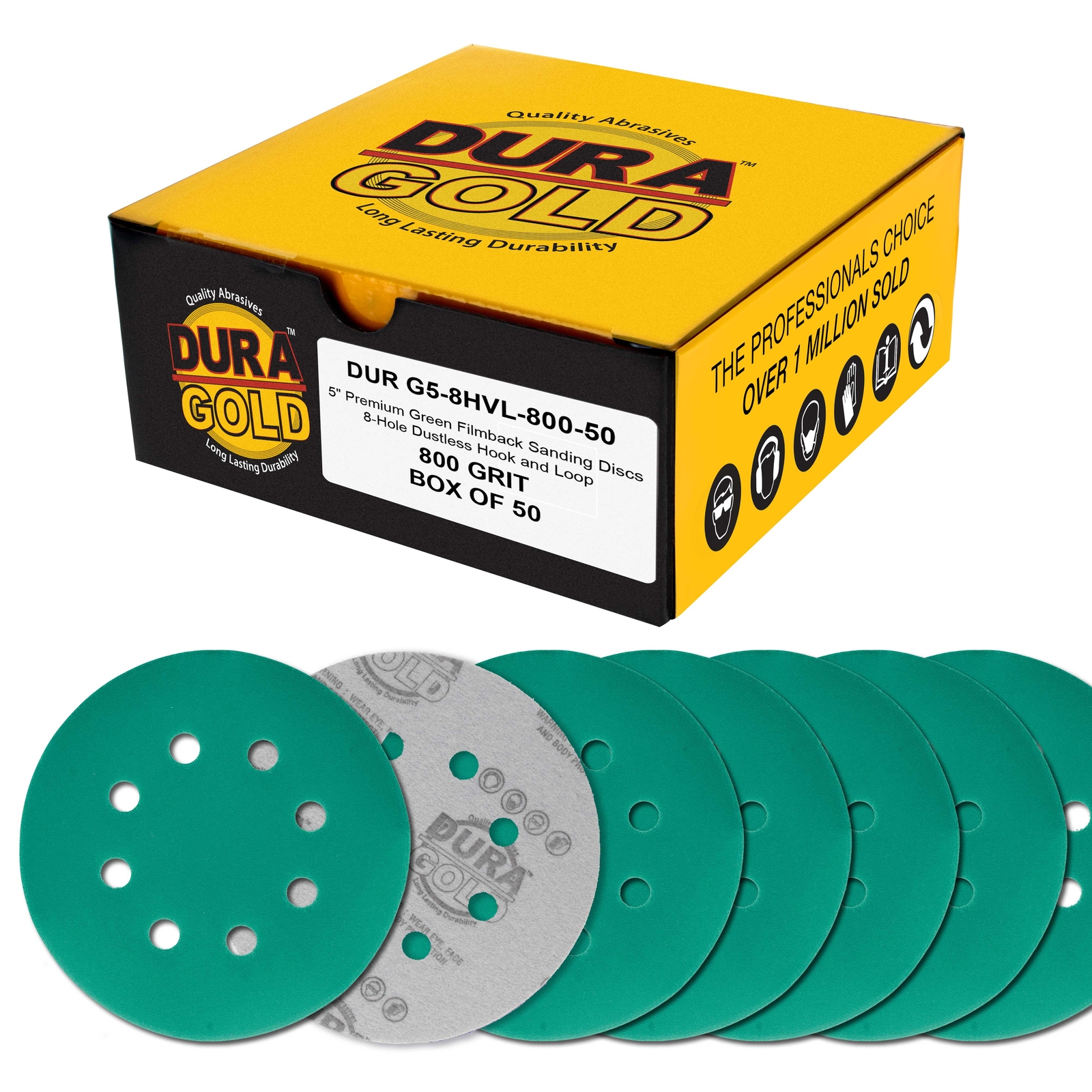 800 Grit 5″ Green Sanding Discs, 8-Hole, Box of 50 – Hook & Loop Sandpaper