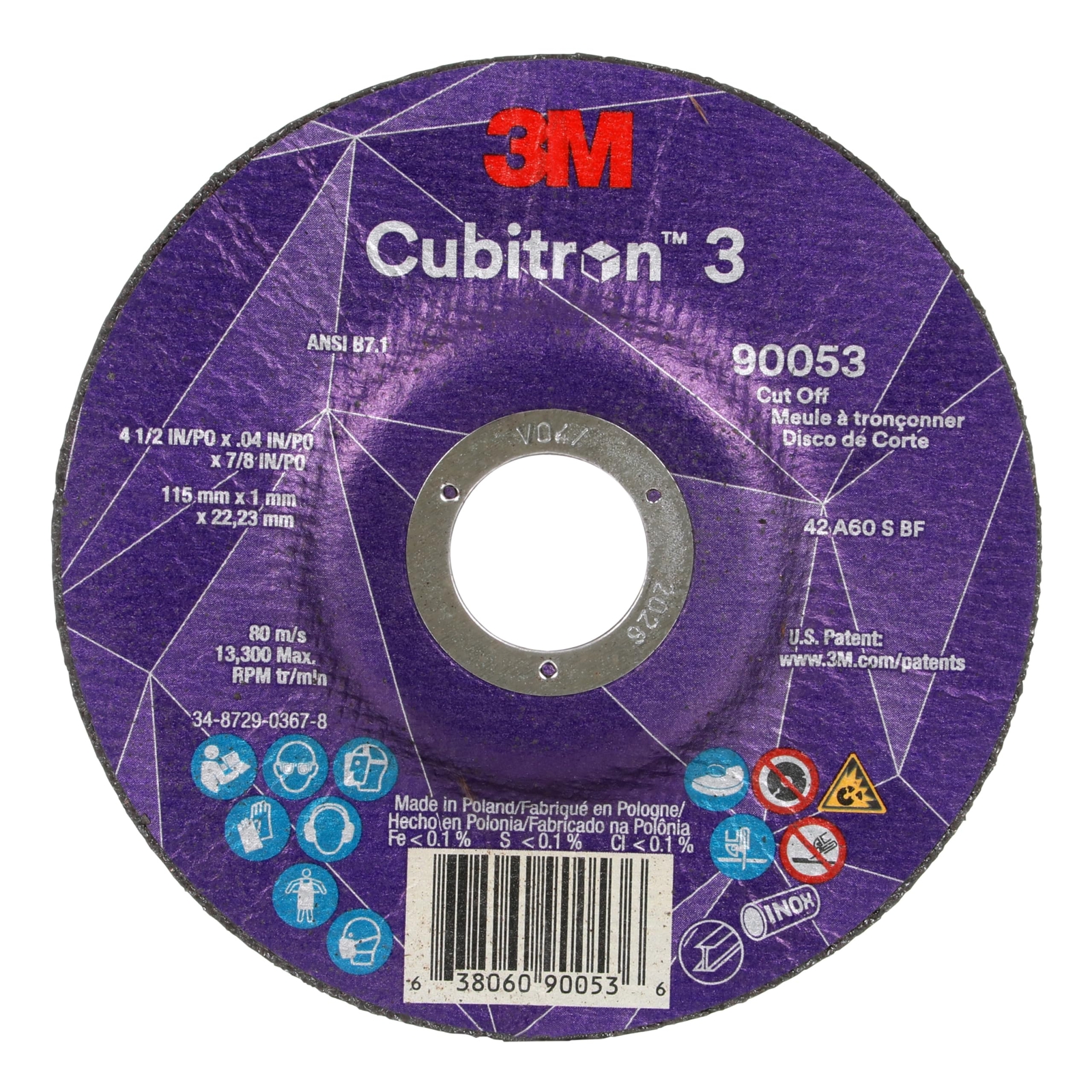 3M Cubitron 3 Cut-Off Wheel 90053 60+ T27 4-1/2 in 0.04 in 7/8 in 115 1