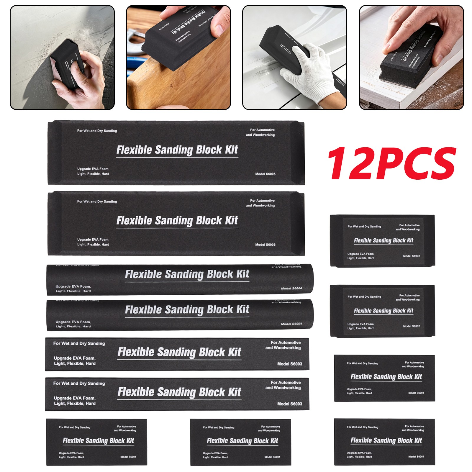12PCS Flexible EVA Foam Sanding Block Kit Wet or Dry for Automotive or Woodwork