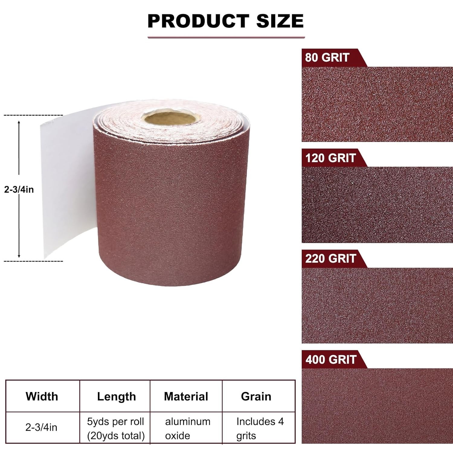Total 20 Yard 2-3/4 Inch Wide PSA Sandpaper Roll Assorted – 80 120 220 400 Gr..