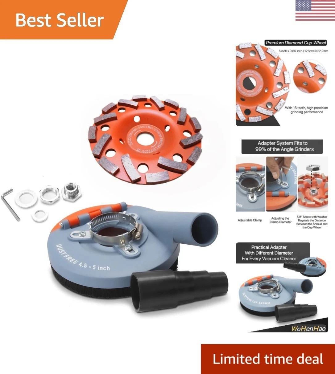 Superior Dust Control: 4.5-5 Inch Grinder Shroud with Diamond Grinding Cup Wheel