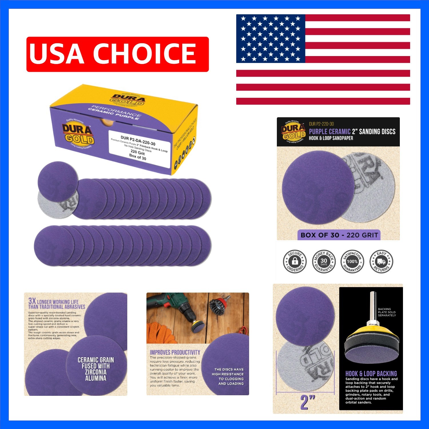 220 Grit 2″ Purple Film Ceramic Sanding Discs, Box of 30 – Hook & Loop Backin…