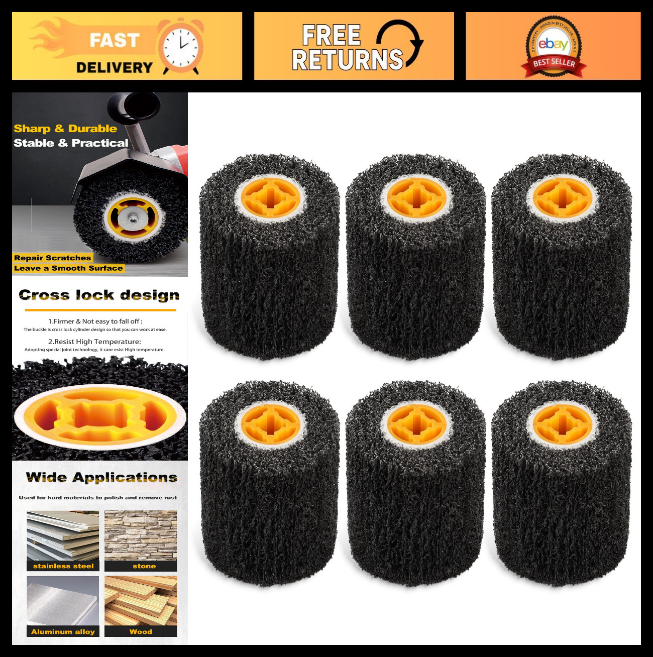 6 Pack 40 Grit Abrasive Drum Wheels for Paint & Rust Removal, Polishing Wood & M