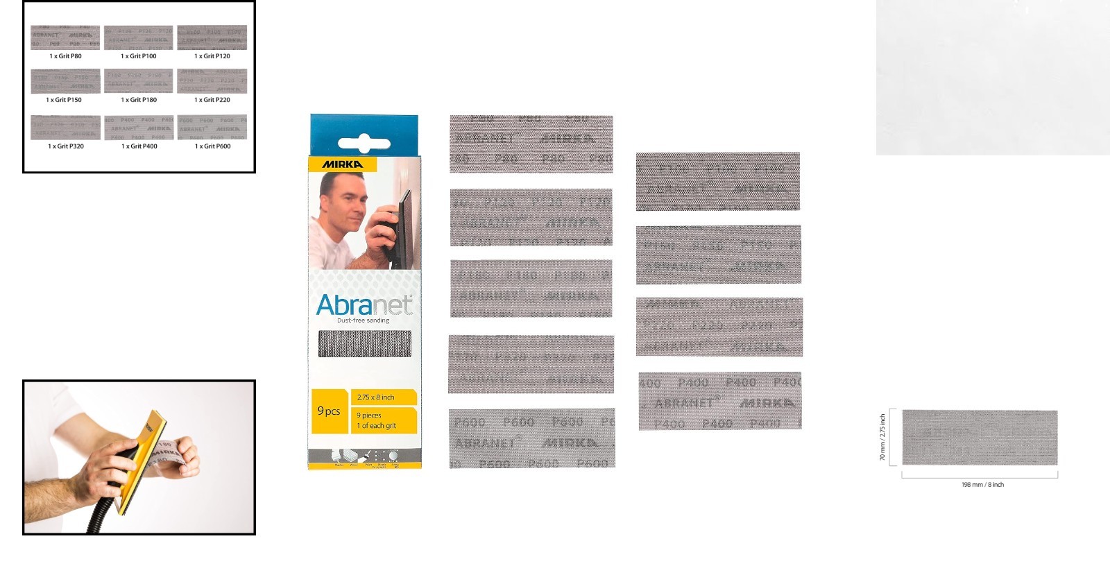 Assorted Abranet Sanding Sheets – 1 Each Grit 80-600, Hook and Loop, 2.75 x 8″