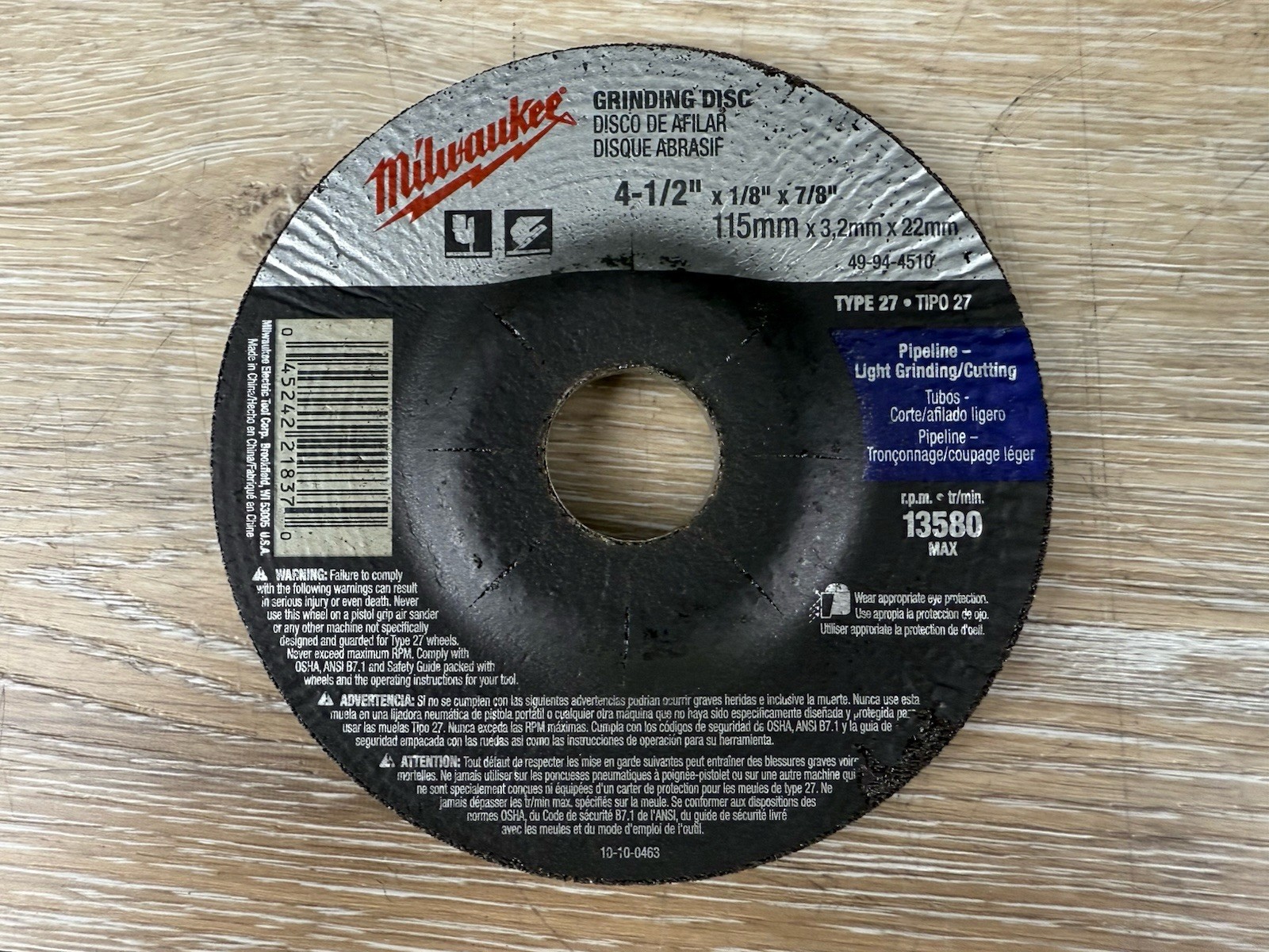 Milwaukee 49-94-4510 Type 27 Cut-Off Wheel 4-1/2 x 1/8 x 7/8 GRIND DISC