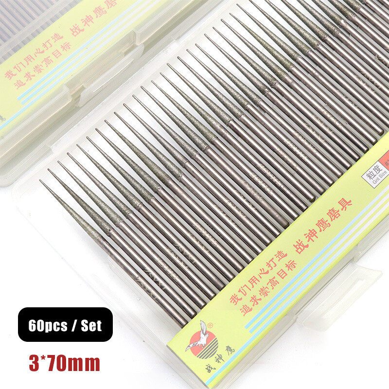60pcs 3*70mm Diamond Grinding Needles Cone Head Grinding Rod Jade Glass Carving