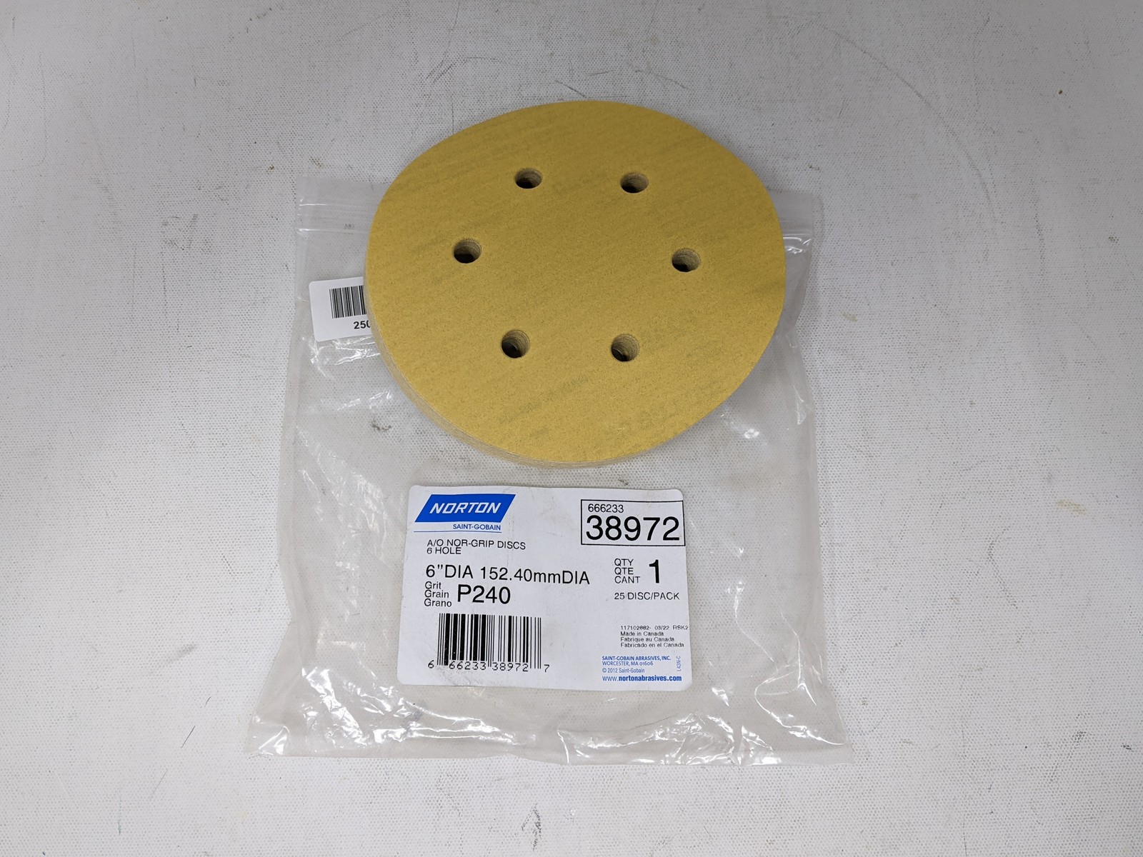 Norton Sanding Disks Nor-Grip Discs 6 Hole 6″ DIA Grit: P240 25 Pack Discs