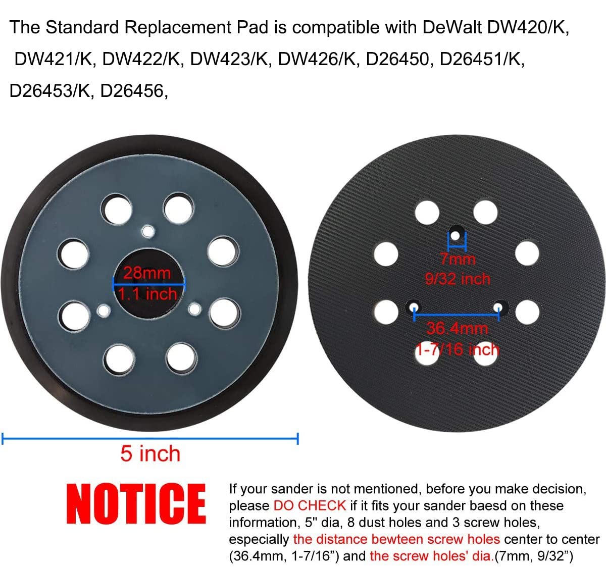 5 Inch 8 Hole Hook and Loop Replacement Sander Pad for Dewalt DW420, DW421, Dw42