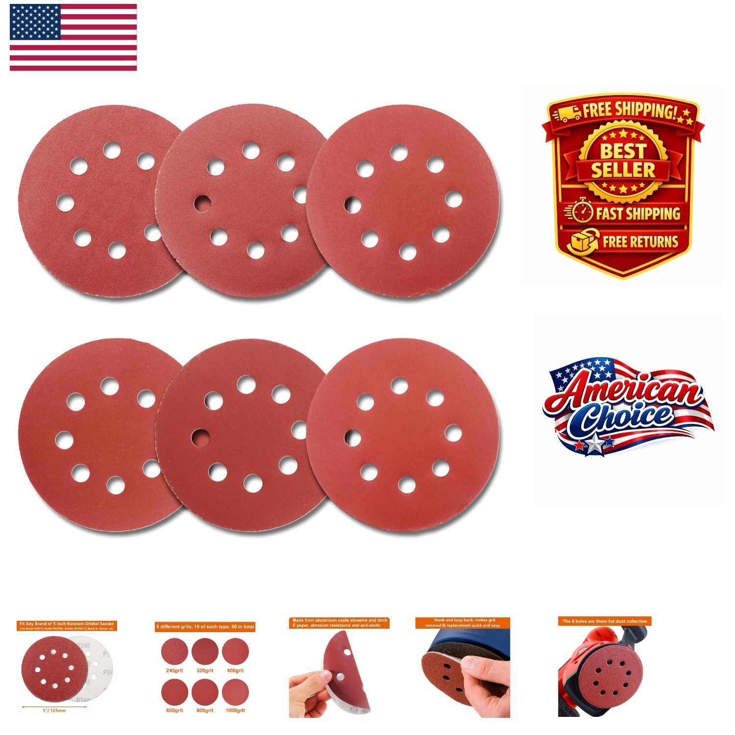 Durable 60-Piece Aluminum Oxide Sanding Disc Set – 5″ for Random Orbital Sanders