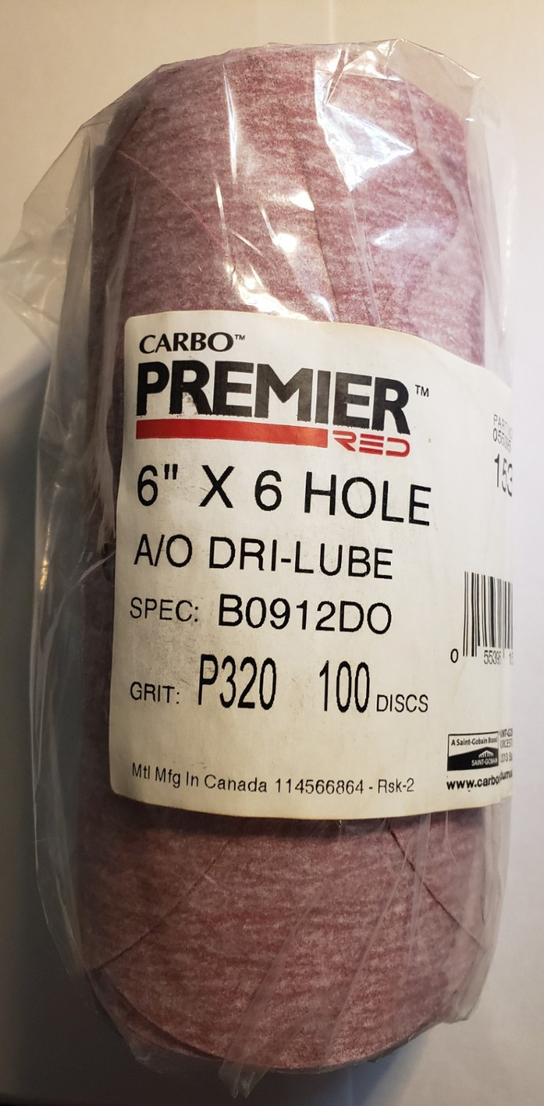 CARBO Premier RED – 6″ x 6 HOLE – A/O Dri-Lube – P320 Grit – 100 Discs – # 15300