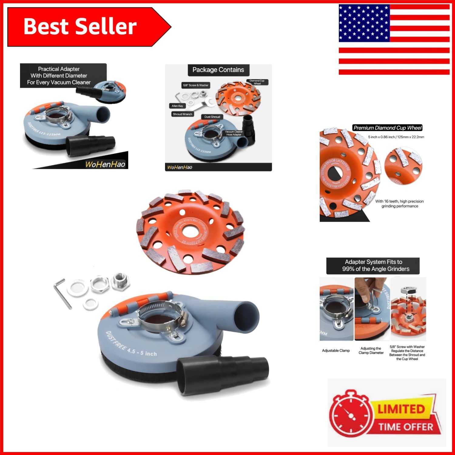 Universal Angle Grinder Dust Shroud (4.5-5 Inch) + 5 Inch Diamond Grinding Wheel