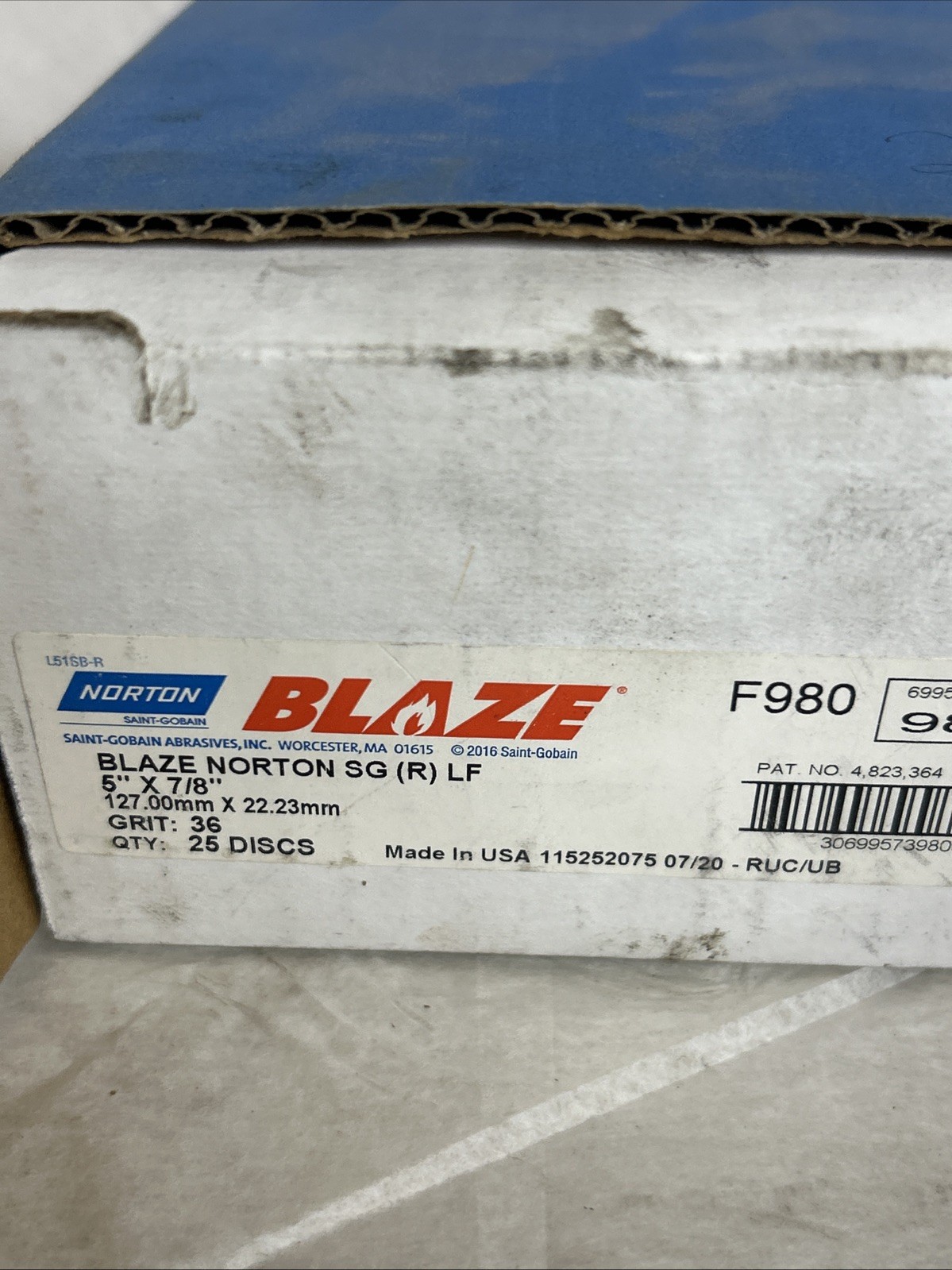 Norton Blaze F980 5”x7/8” 36 Grit Discs. 127 Mm X 22.23 Mm F980 Sanding Discs
