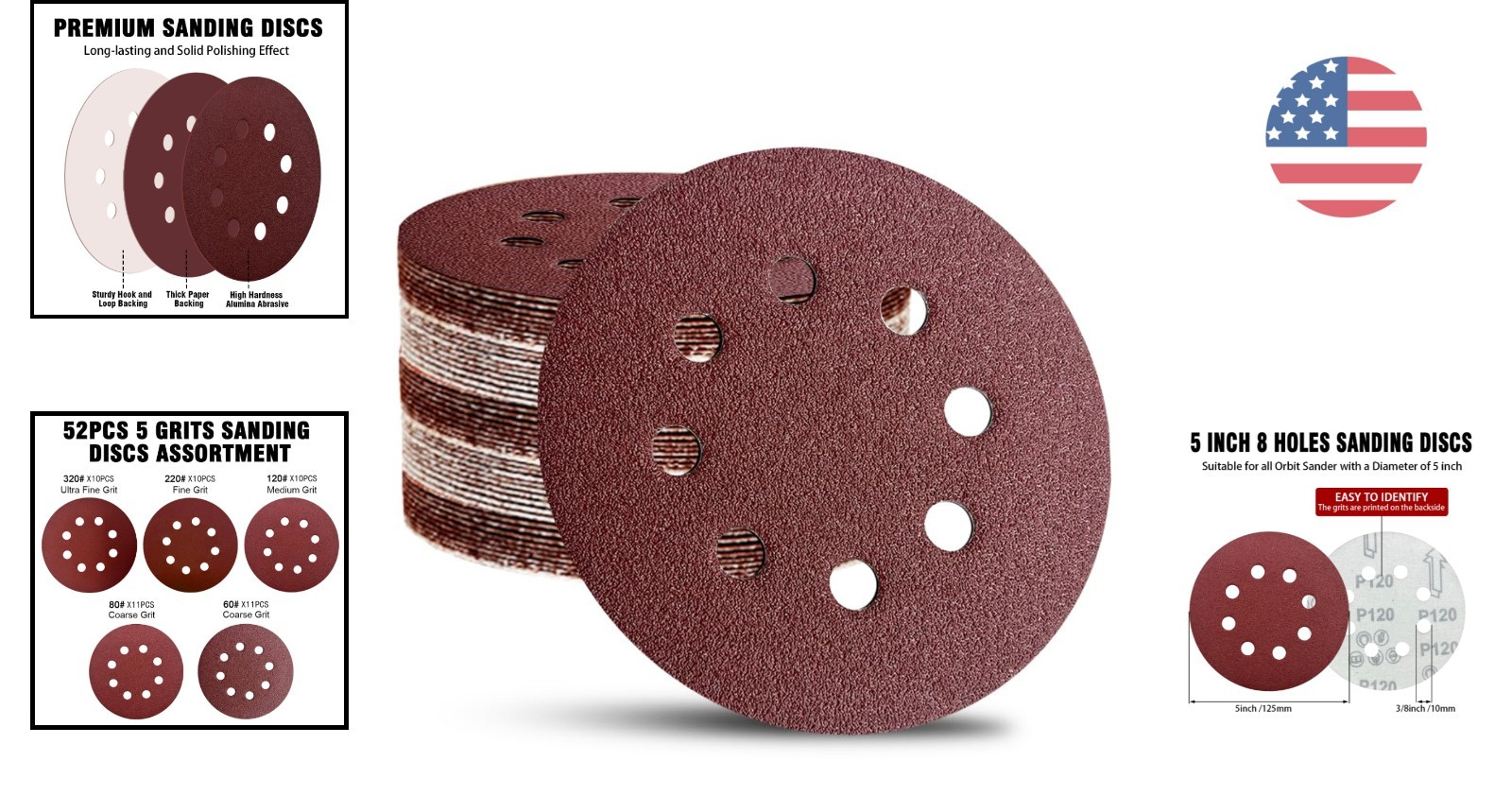 52-Pack 5 Inch Aluminum Oxide Sanding Discs for Orbital Sanders – Mixed Grits