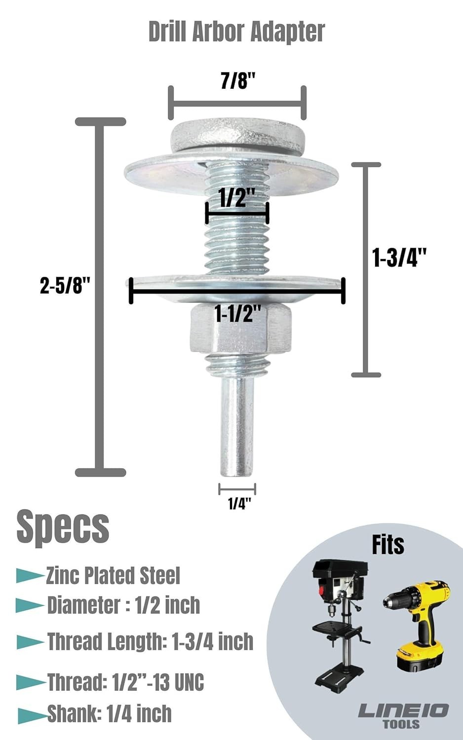 Drill Arbor Adapter Mandrel for Buffing and Grinding Wheels, 1/2-inch Diameter