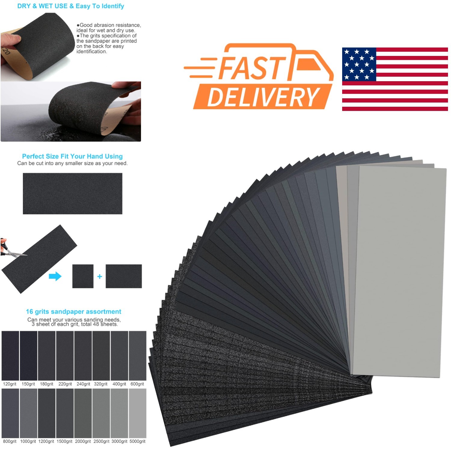 Assorted Grit Sandpaper Kit 48 Sheets 120 to 5000 Grit for Automotive and Wood