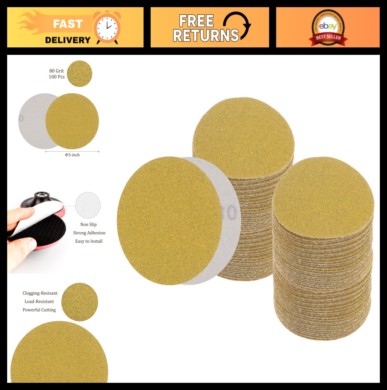 100pcs 3″ Hook and Loop Sanding Discs – 80 Grit Sandpaper for Wood, Metal, Auto