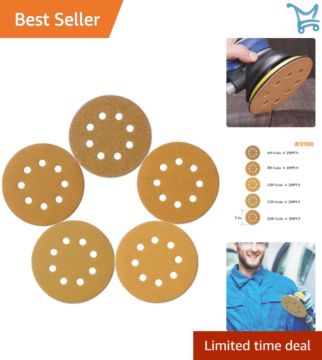 5-Inch Sanding Discs 8-Hole Aluminum Oxide Grit Set for Metal Wood Polishing
