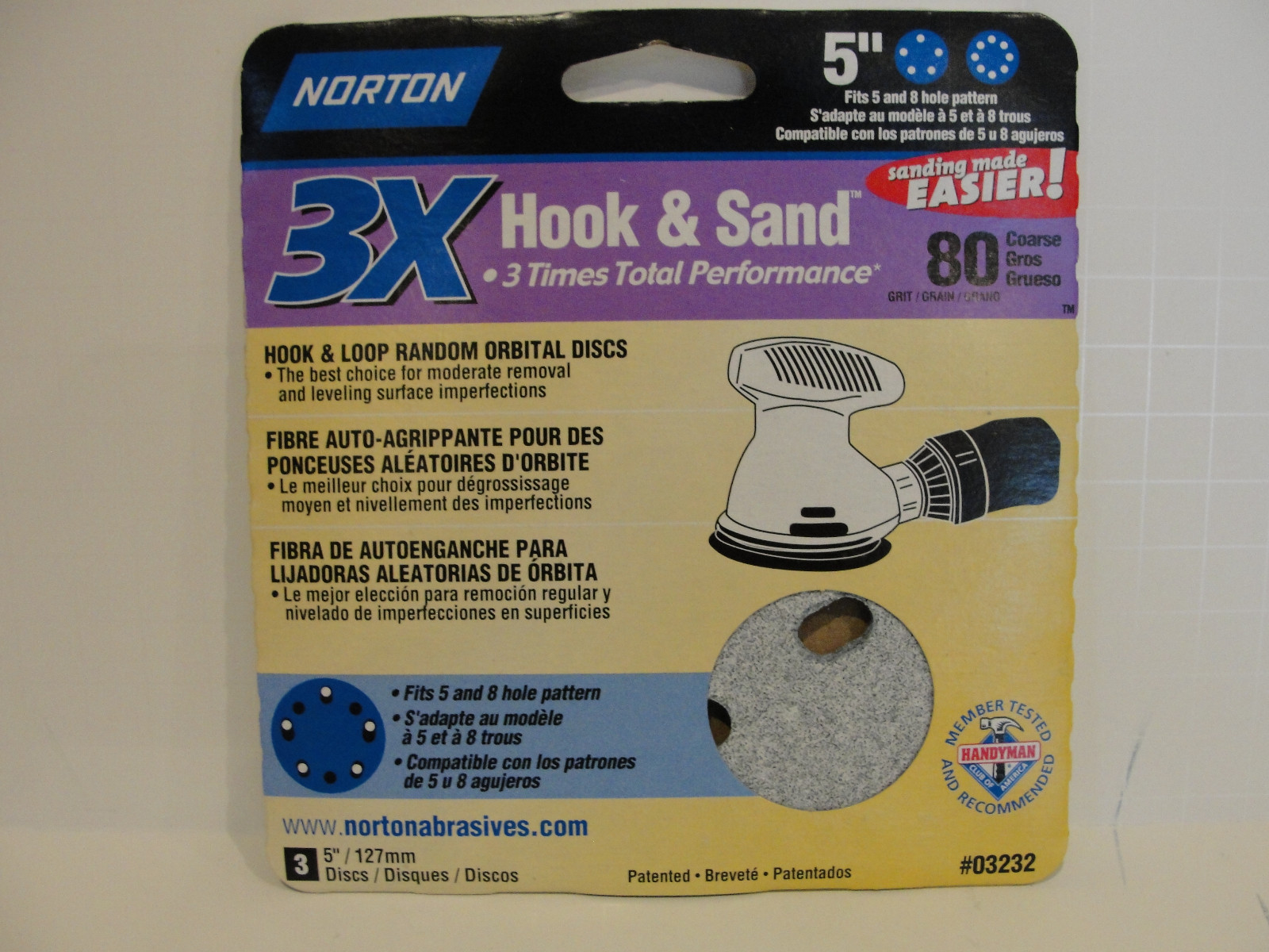 Norton 3X Hook & Sand 5 Inch 80 Grit Coarse, 3 Discs, # 03232 *New*