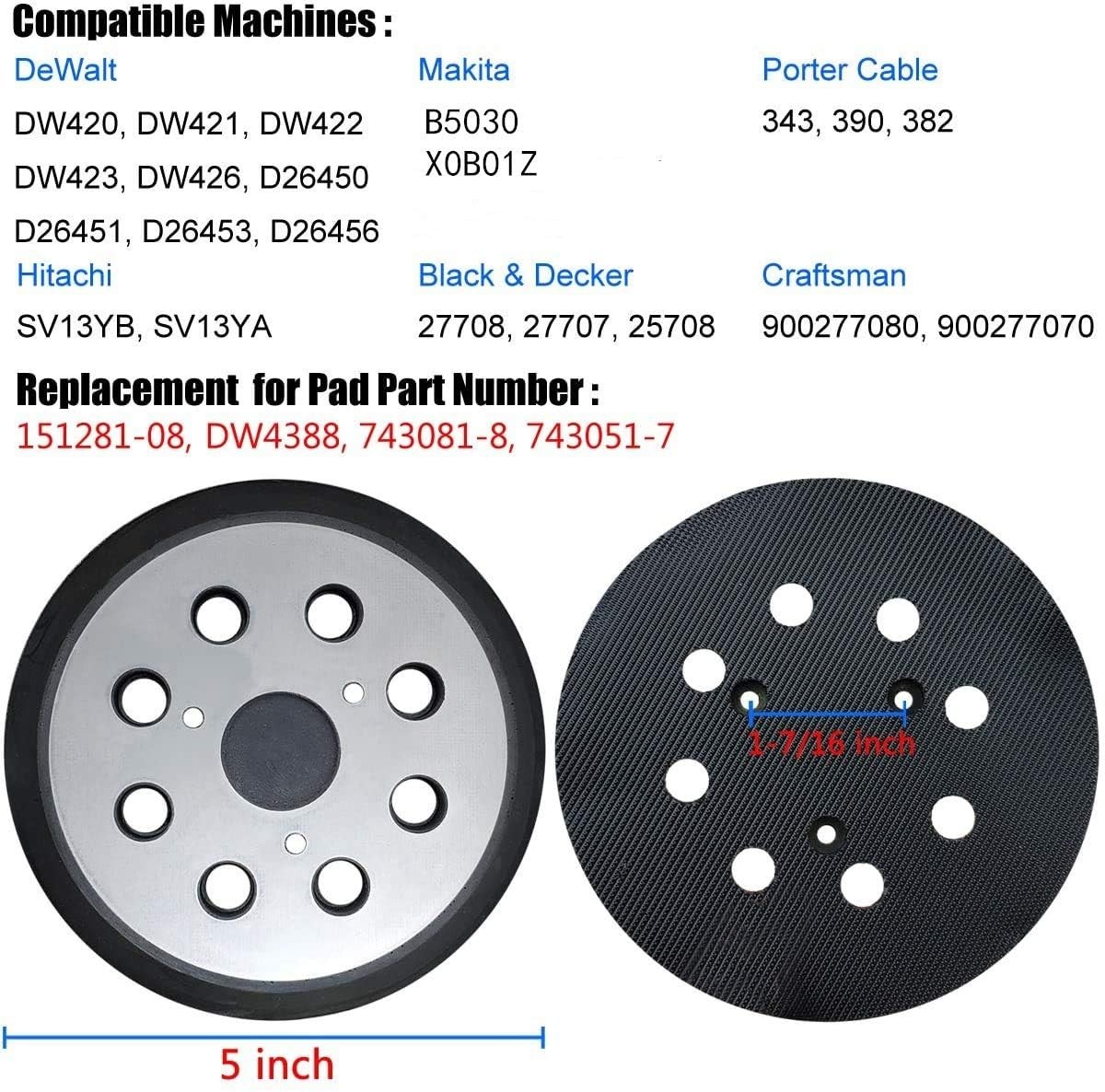 5″ Inch Sander Pad Hook and Loop For Porter Cable 343 390 382 390K