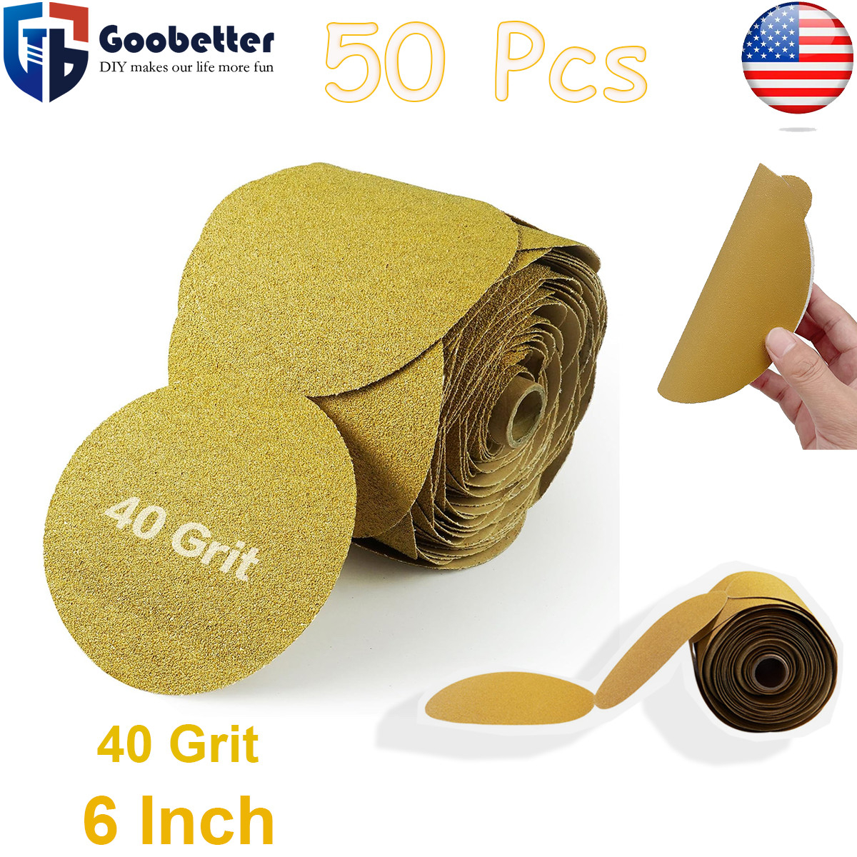 6 inch PSA Sanding Disc Sandpaper 50/Roll Adhesive Sticky Back 40Grit Sand Paper
