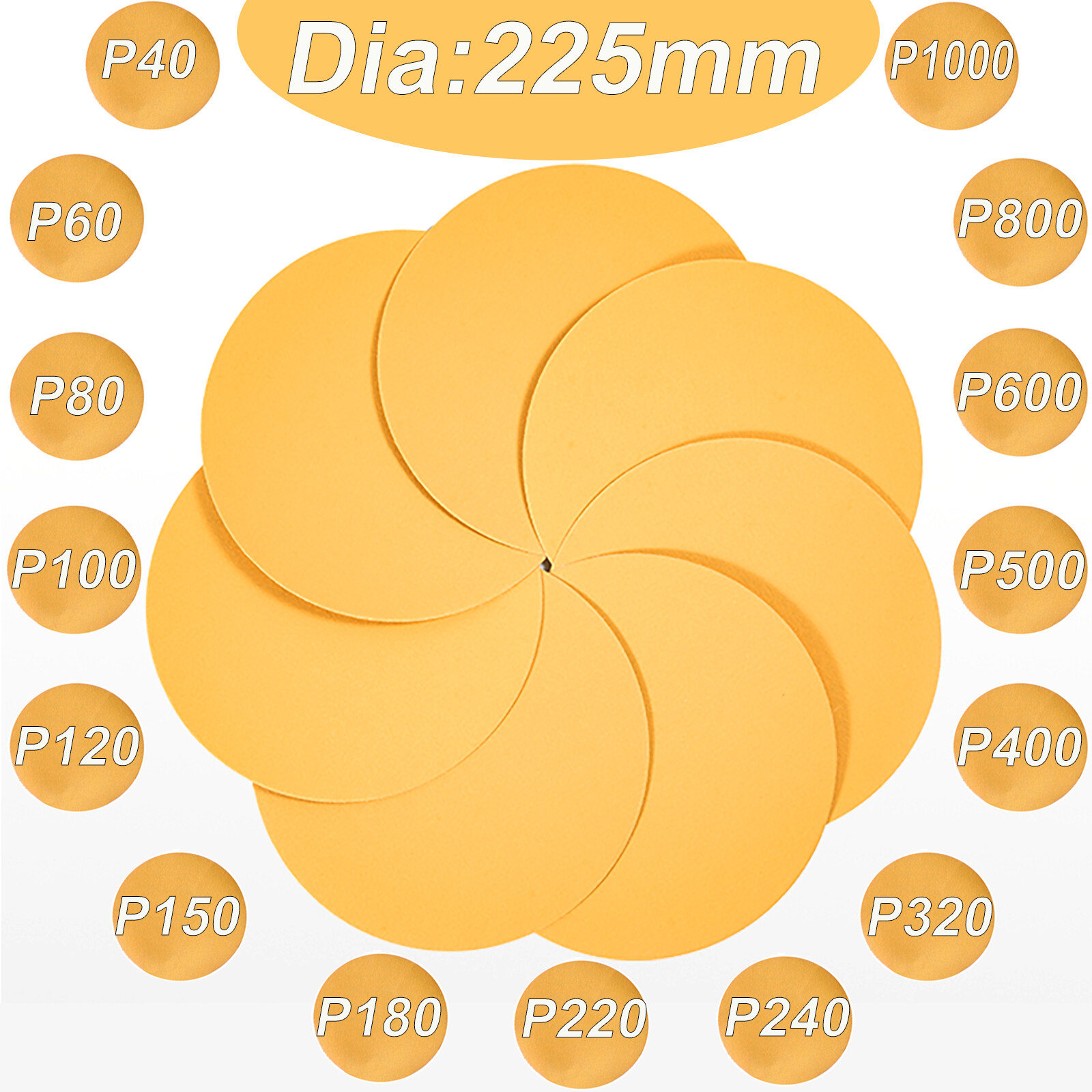 225mm Dry Sanding Discs 9inch Rounded Sandpaper Pads Grit 40~1000 No Hole Yellow