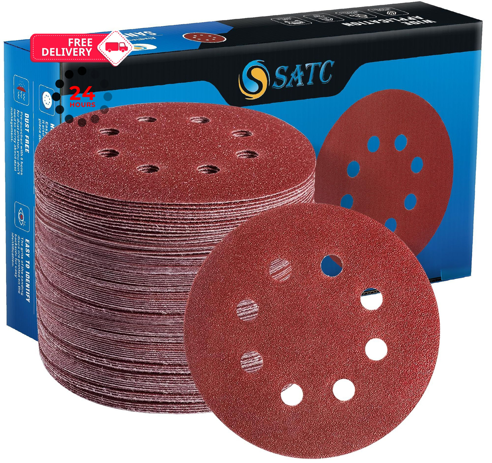 S SATC 72 PCS 5 Inch 8 Hole Hook and Loop Adhesive Sanding 72pcs 5 inch, Red