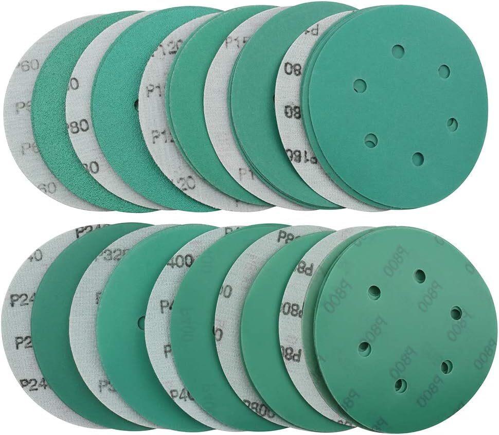 6 Inch 50PCS Sanding Discs Hook&Loop,6 Hole 60 Grit Green Film for Polishing