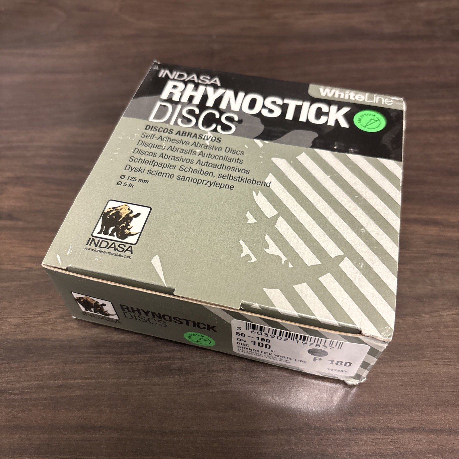 Indasa 5″, 180 Grit Rhynostick White Line PSA Sand Paper Discs, (New) – 100/Box